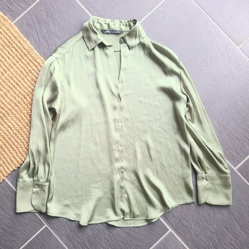 Zara Sage Green Satin Button Down Long Sleeve Shirt Size Small - Picture 7 of 15